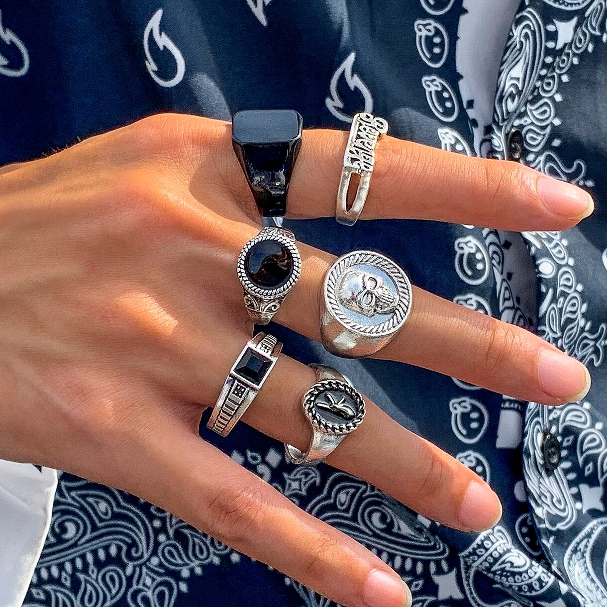 Vintage Punk Knuckle Rings Set - 6ピース/セットゴスビンテージスケルトンスカルアンティークシルバーカラーリングセットユニセックスパンク彫刻ナックルジュエリーアクセサリースチームパンク男性