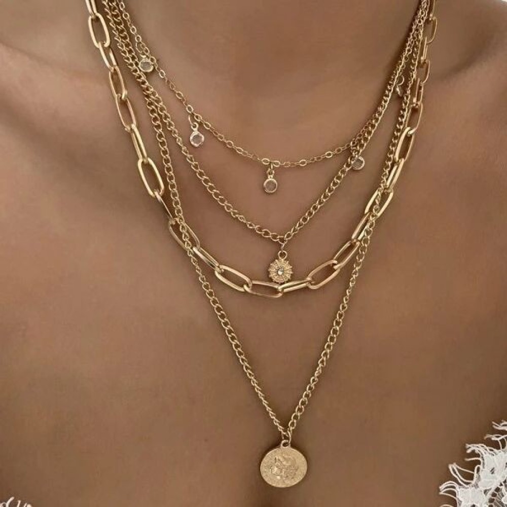 Layered Pendant Necklace Aesthetic - ボヘミアンスタイルのポートレートペンダントネックレス ファッション多層チェーンジュエリー エレガントでユニークな美的ギフト 女性向けパーティー用