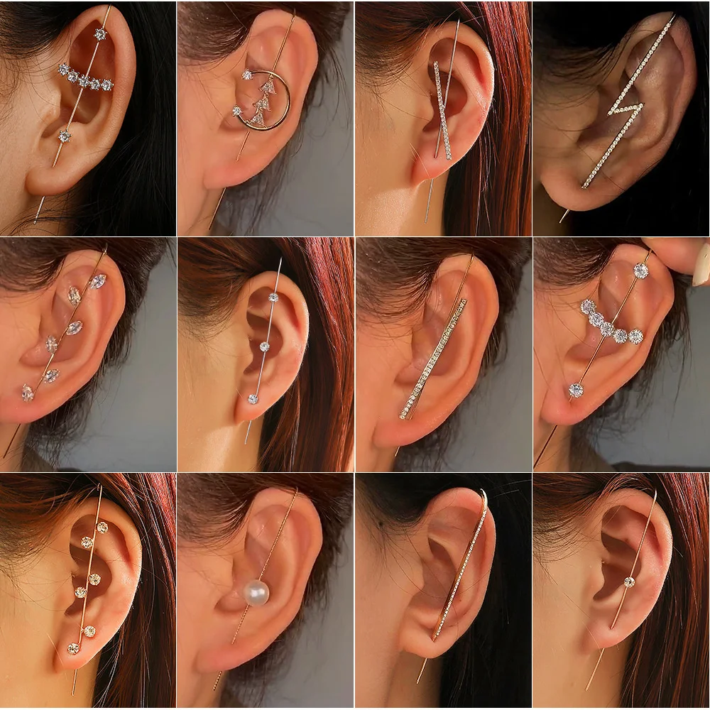 Earrings - 新しい気質のジルコンが埋め込まれた、個性的なシンプルな穴あきデザインの女性用リフティングリーフイヤリング、斜めの耳飾り
