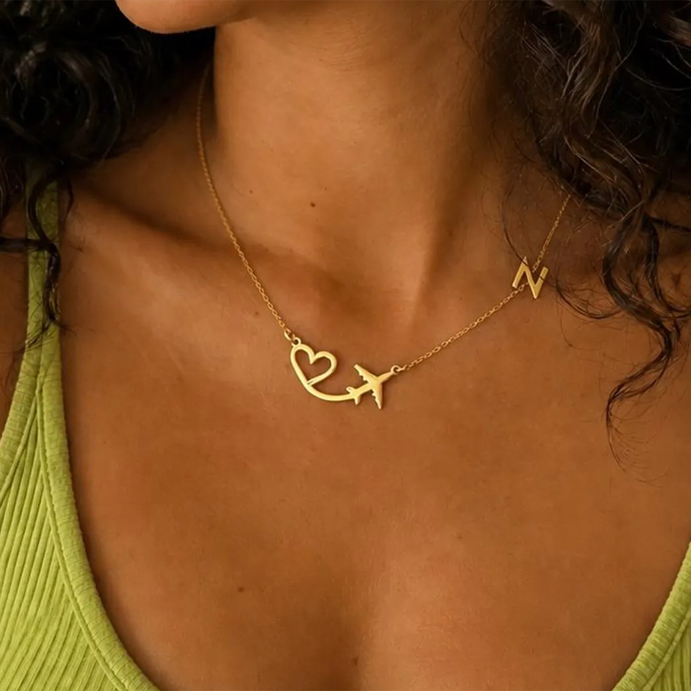 Custom Name Necklace Stainless Steel - パーソナライズされたハート飛行機イニシャルペンダントネックレス女性用カスタムレターステンレススチールジュエリーママ誕生日クリスマス