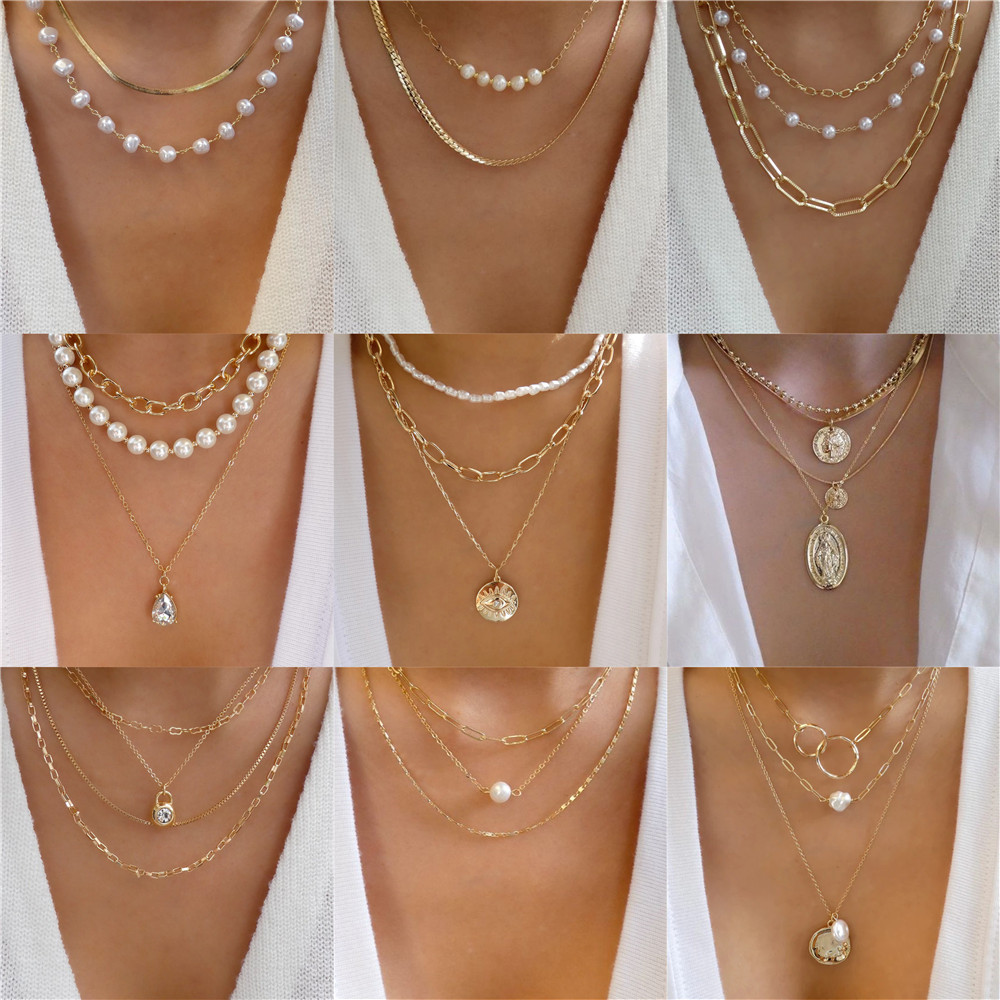 Pearl Choker Necklace Vintage - 女性のためのマルチレイヤーネックレス,幾何学的ビーズ,非対称パール,トレンディなゴールドプレート,ヴィンテージ,ジュエリー,ギフト