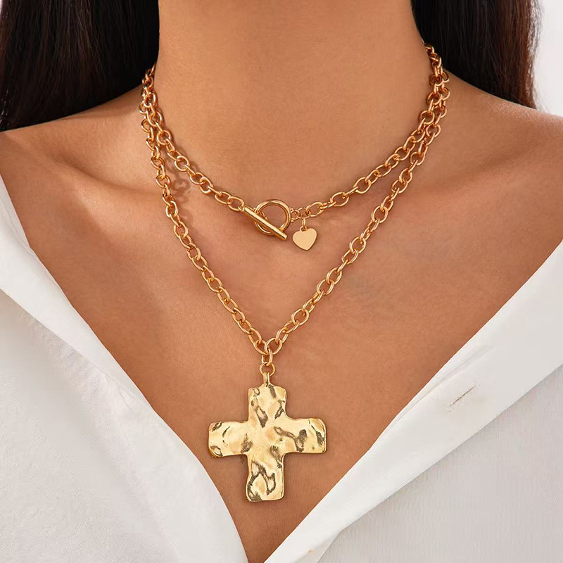 Cross Pendant Necklace Gold - ホットセール ゴールドレイヤードチャンキークロスネックレス レディース クロス重ね付けペンダント ステートメントネックレス