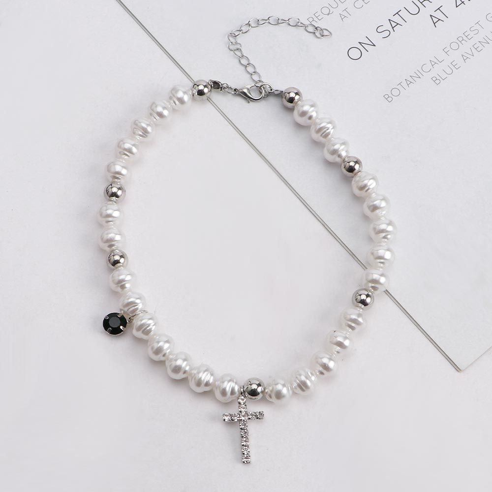 Pearl Choker Necklace Vintage - 女性用ペンダント付きヴィンテージネックレス,クリスタルクロス,パール,シミュレートされた真珠,韓国スタイル