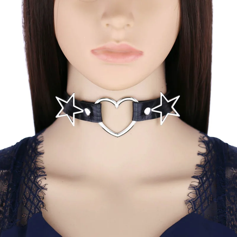 Goth Punk Spike Choker - ハート,スター,スパイク,リベットの襟がちりばめられたPUレザーネックレス,パーティーギフト,原宿