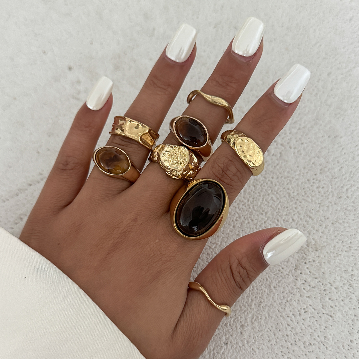 Vintage Punk Knuckle Rings Set - 8個/セット ヴィンテージ アンバー ラインストーン メタル フィンガーリング