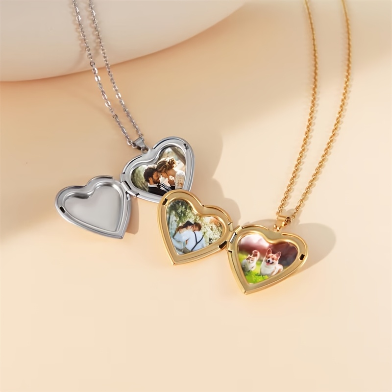 Heart Locket Necklace Photo - パーソナライズされた1/2写真入りハート型ロケットペンダントネックレス、カスタム写真DIYチェーンネックレス、男性女性用カスタムジュエリーギフト
