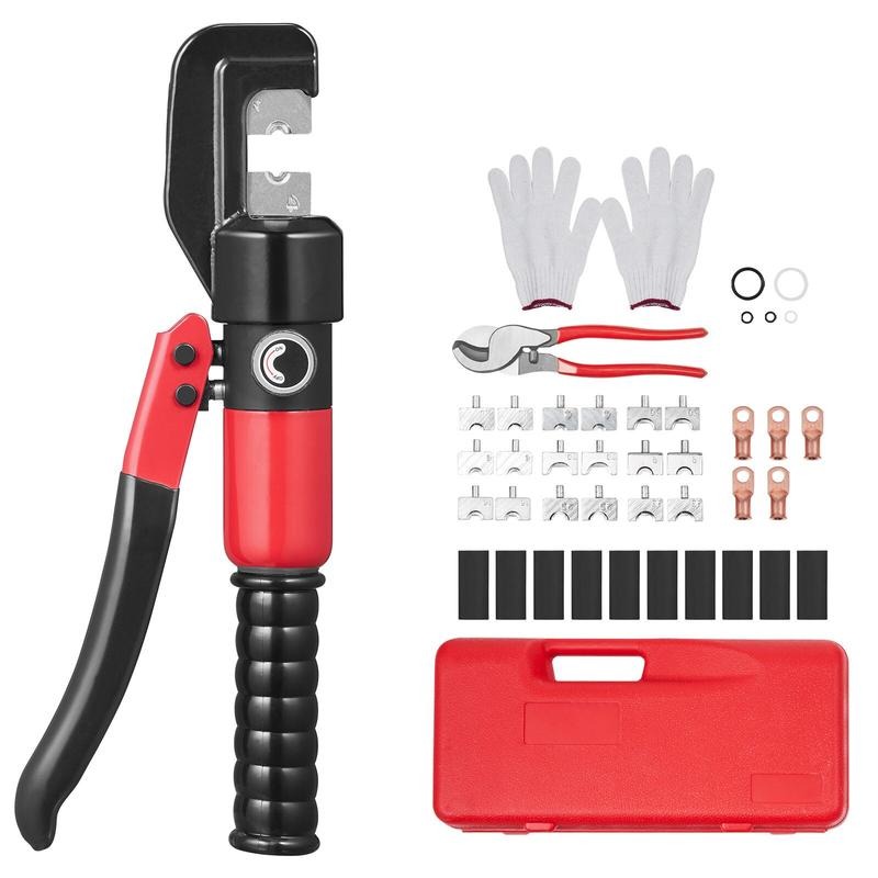 Rings - 油圧圧着工具、9種類のダイス付き、AWG12-2/0銅およびアルミ端子バッテリーラグクリンパー、切断プライヤー、手袋、10個の銅リングコネクター、8個の熱収縮スリーブ付き