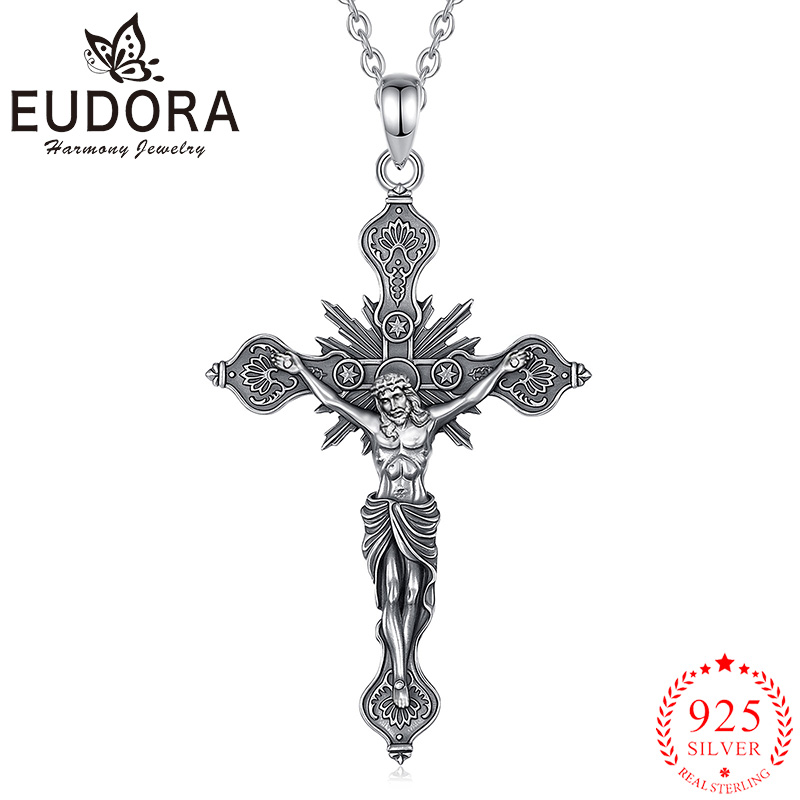 925 Sterling Silver Chain Necklace Men - ユドーラ新しい十字架クロスネックレス 925 スターリングシルバークリスチャンアミュレットイエスペンダントスピリチュアルジュエリーギフト男性女性用