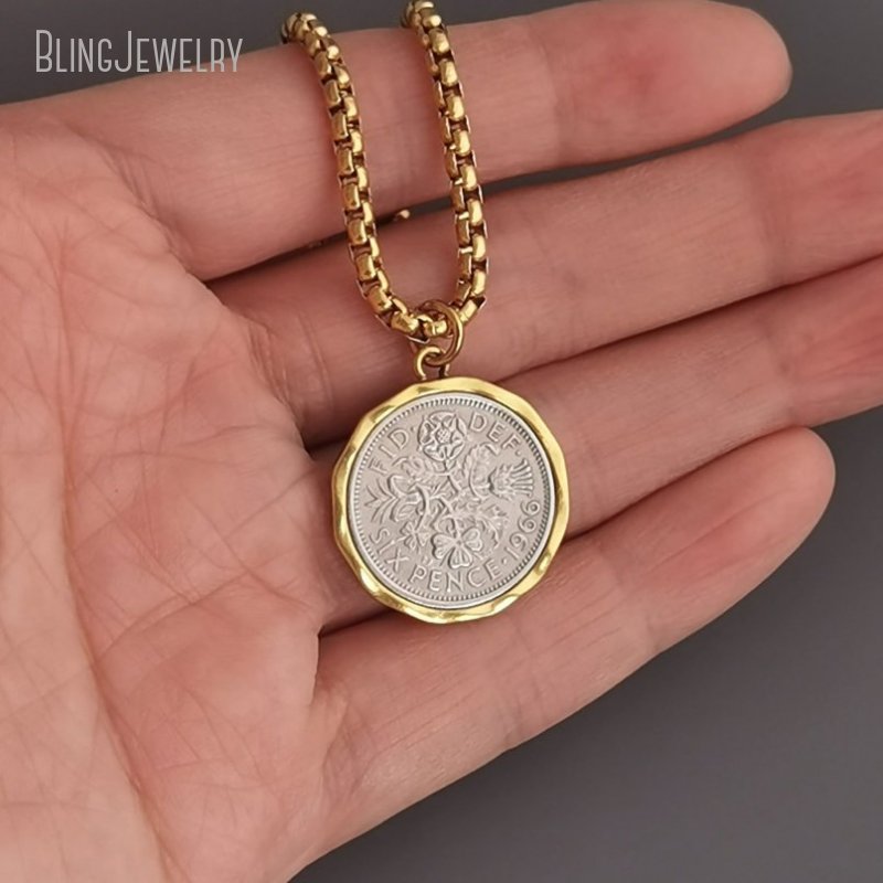 Cross Pendant Necklace Gold - 10 個防水ステンレス鋼ボックスチェーンジュエリーラッキー 6 ペンス英国エリザベスコインゴールドカラー女性メダリオンネックレスティキ