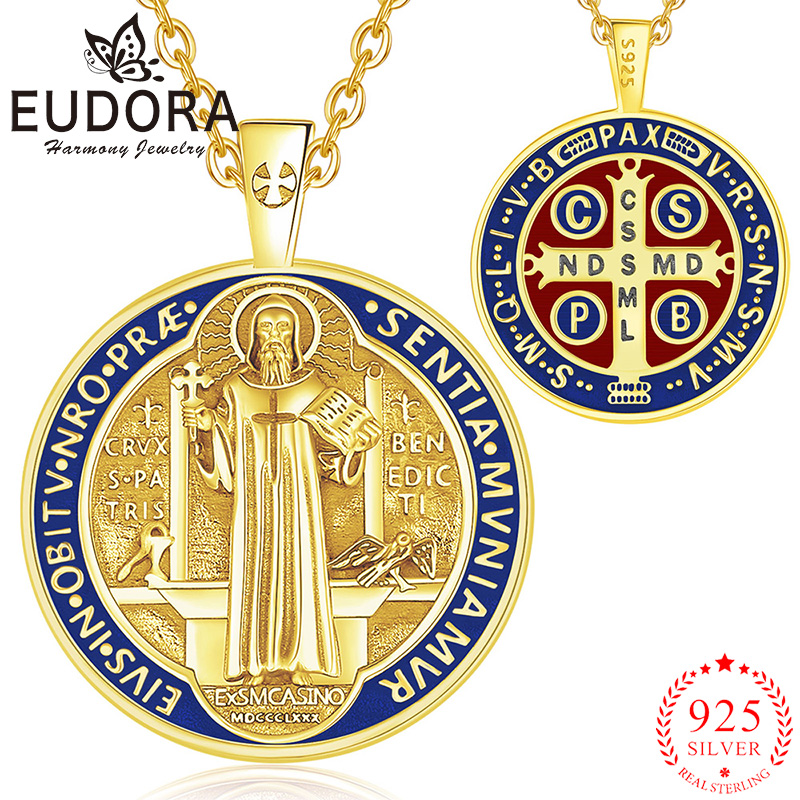 925 Sterling Silver Chain Necklace Men - Eudora 925 スターリングシルバー聖ベネディクトネックレス 18 K ゴールドクロスサンベニートエナメルペンダントカトリックお守り男性女性ジュエリー