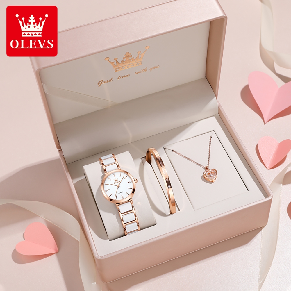 Watch Accessories - OLEVSレディース腕時計5877高級エレガントクォーツ腕時計防水夜光セラミックストラップレディース腕時計ブレスレットセットギフトボックス時計