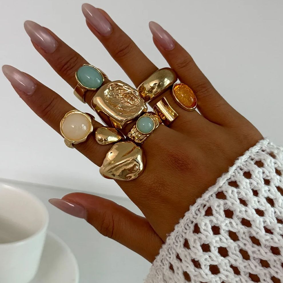 Vintage Punk Knuckle Rings Set - DIEZI 7 ピース/セットヴィンテージ多色アクリルリング女性男性パンク不規則な幾何学的な金属オープンナックルジョイントリングジュエリー