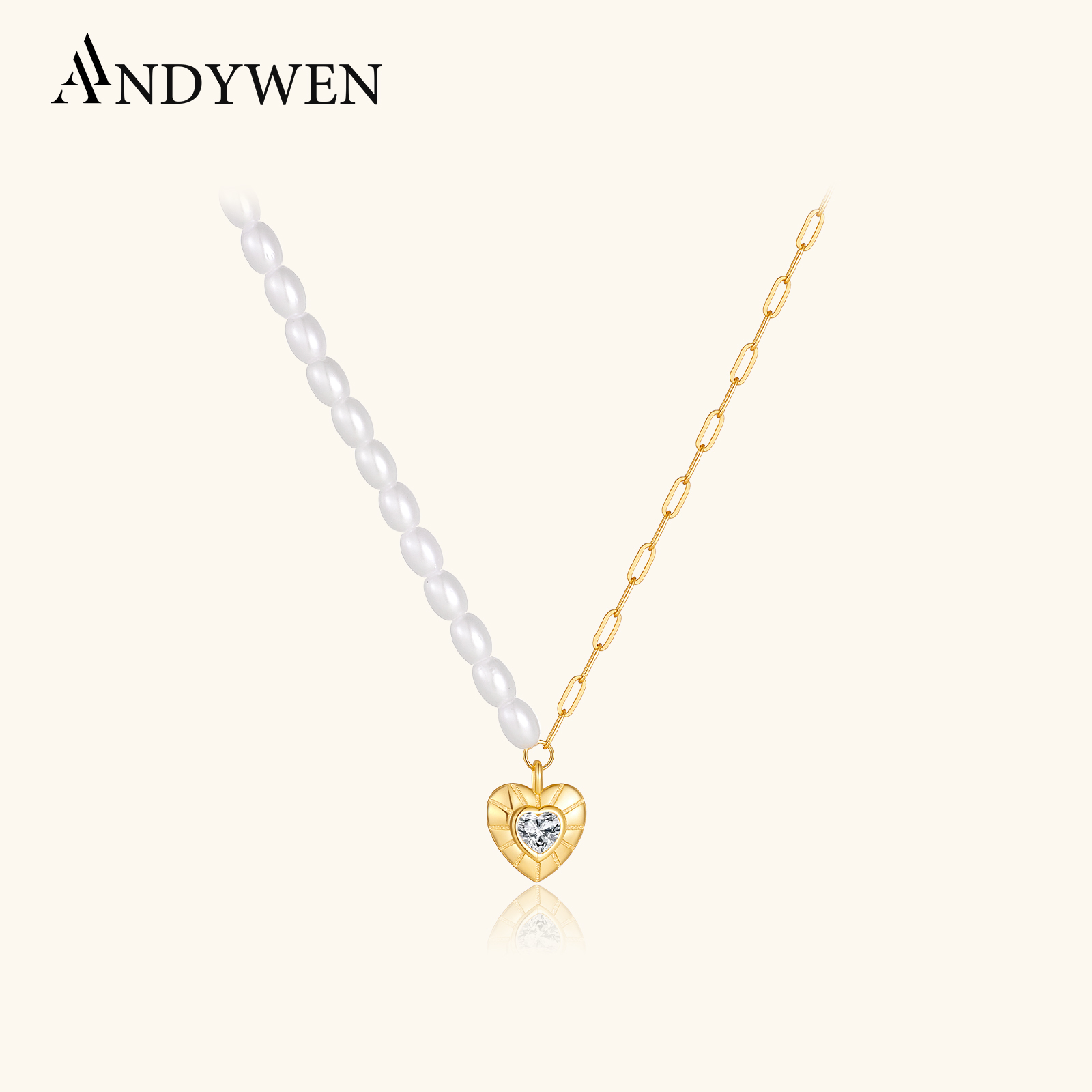 Pearl Choker Necklace Vintage - ANDYWEN 925 スターリングシルバー非対称パールチェーンネックレス、ハートジルコン CZ ペンダント、甘いエッジの効いたヴィンテージ女性チョーカー