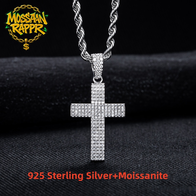 925 Sterling Silver Chain Necklace Men - モッサナイト ブリンブリン クロス ペンダント アイスアウト ヒップホップ