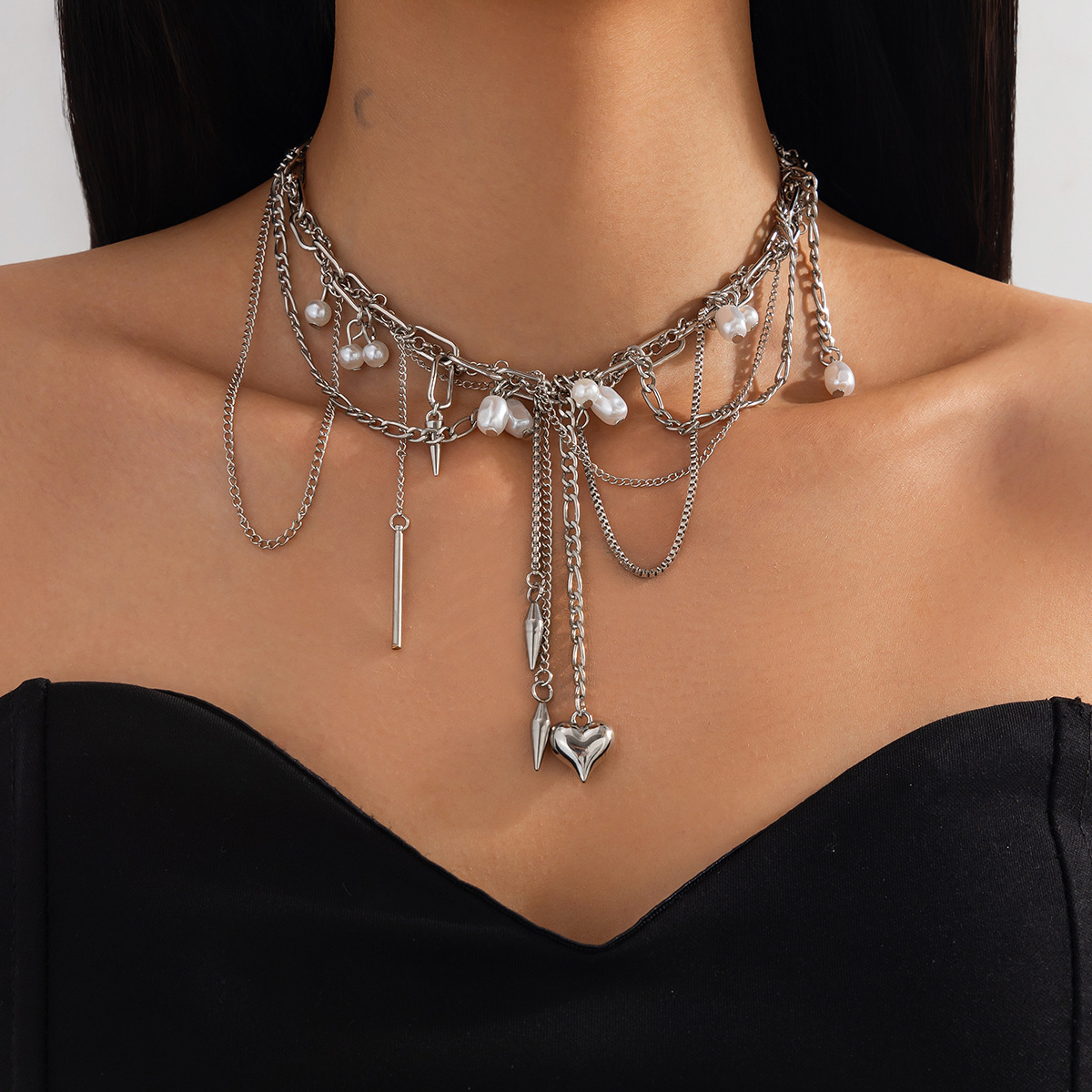 Pearl Choker Necklace Vintage - ヴィンテージ風イレギュラーイミテーションパールネックレス レディース エレガント パンク ゴシック 多層タッセル