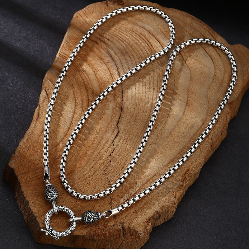 925 Sterling Silver Chain Necklace Men - OUYADI 925スターリングシルバー レトロボックスチェーンネックレス メンズ レディース ヴィンテージ彫刻装飾クラスプ
