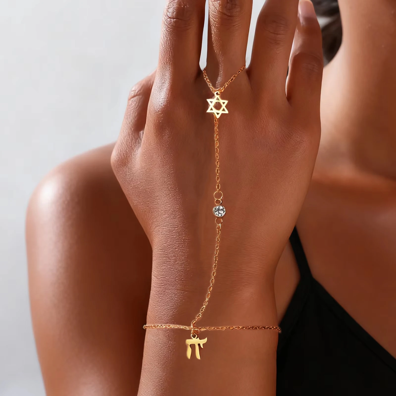 Bracelets - ユダヤ教のダビデの星、ヘブライ文字チャイ、指輪型ブレスレット、ステンレス製、調節可能、六芒星ジルコンブレスレット、お守りジュエリー