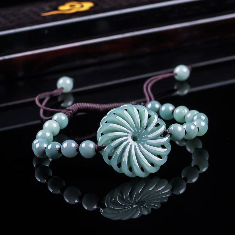 Bracelets - 天然ジェダイトAグレードの幸運をもたらす本物の丸玉ブレスレット、ブルーウォーターペンダント、アイスジェイド