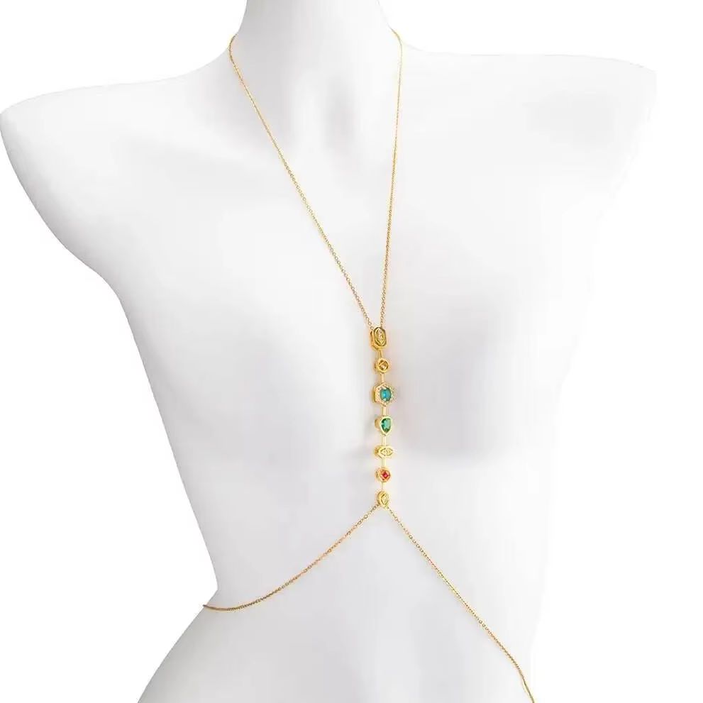 Body Jewelry - PuRui 絶妙なカラフルなジルコンステンレス鋼胸チェーンウエストチェーン女性夏セクシーなビキニ防水ボディジュエリー