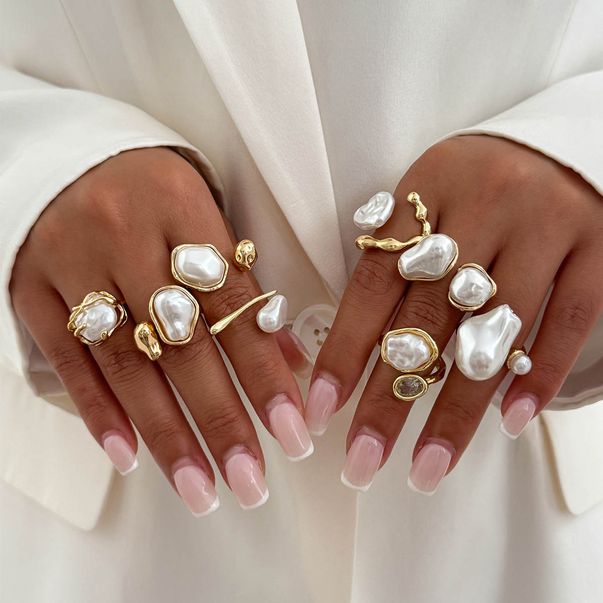 Vintage Punk Knuckle Rings Set - 7個セット ゴールドカラー 不規則な模造パール オープンリング レディース ヴィンテージフラワー