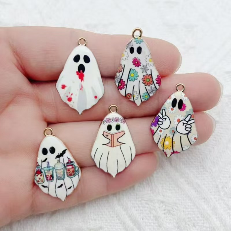 Earrings - 10 個クロスボーダーハロウィンゴシックスタイルかわいいゴースト合金プリントペンダント DIY イヤリングネックレスキーホルダーペンダント