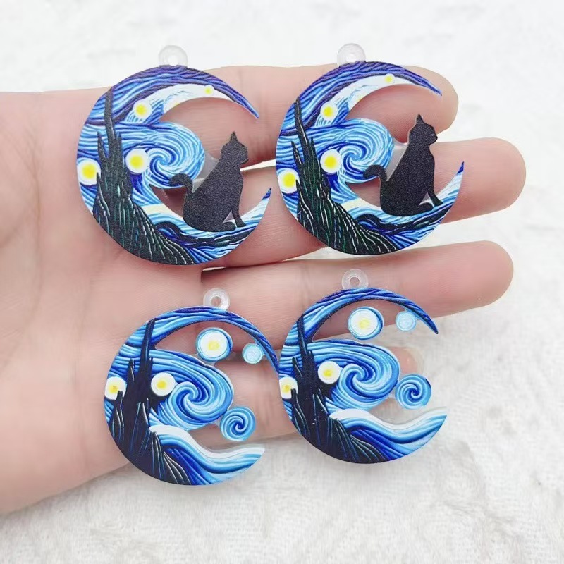 Earrings - 10 個クロスボーダーホット販売アクリルイヤリングゴッホの星空パターンファッション黒猫アクリルペンダント DIY ジュエリー A