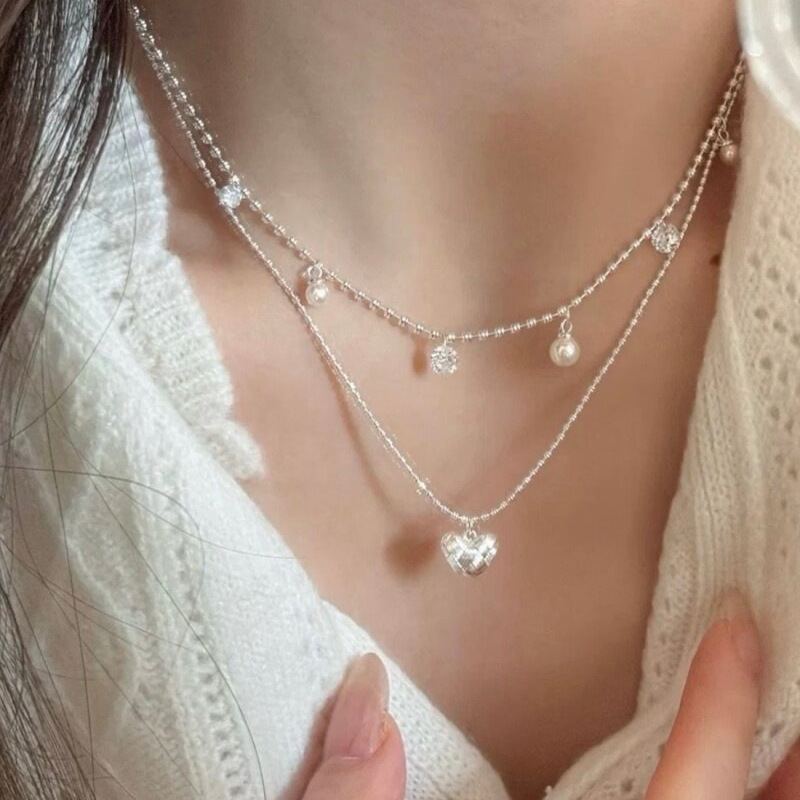 Layered Pendant Necklace Aesthetic - 二重層シルバービーズチョーカー小さな織りハートペンダントネックレス重ね付け繊細なカラーチェーンスイートガール風ジュエリー