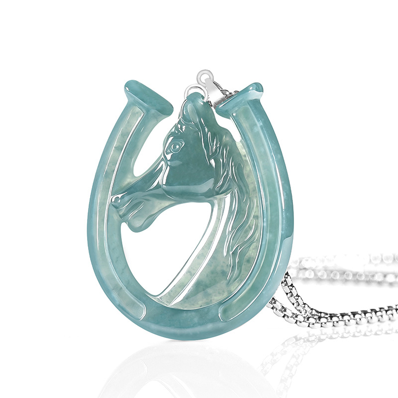 Necklaces - S925シルバー天然ブルーウォータージェイド馬蹄ペンダントネックレス彫刻チャームジェダイトジュエリーファッションお守りギフト券