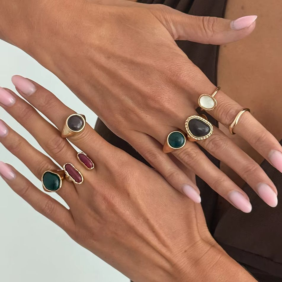 Vintage Punk Knuckle Rings Set - IngeSight.Z 7個セット パンクトレンド カラフルなレジンアクリル製フィンガーリング レディース クリエイティブ
