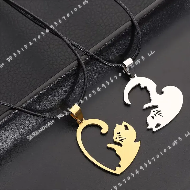 Magnetic Couple Matching Necklaces - 1組のクリエイティブで可愛いステンレス製の漫画猫キーホルダー、カップル向けアニマルマッチングキーリングペンダント、バレンタインや友情の贈り物に。