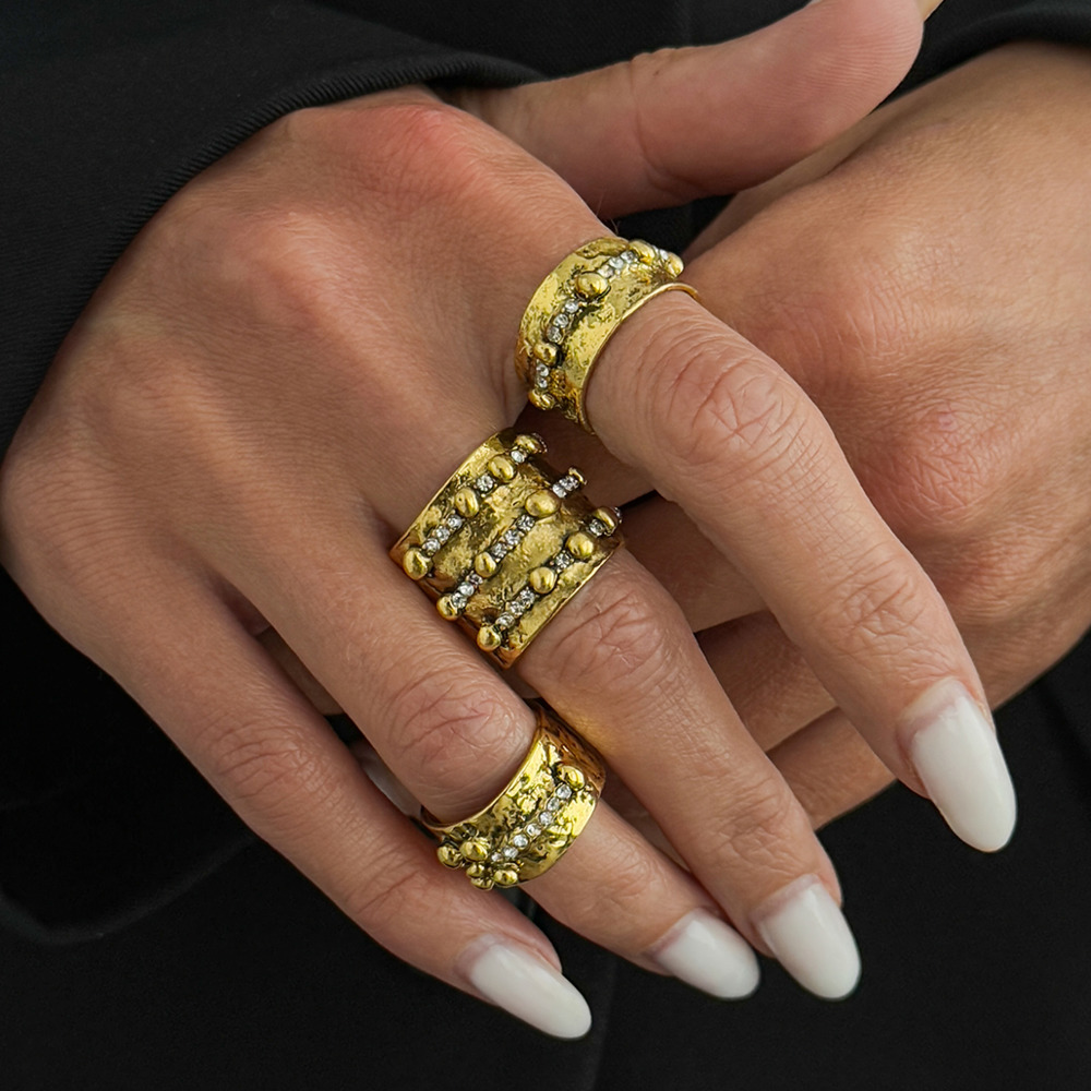 Vintage Punk Knuckle Rings Set - Ingemark 3 個ヴィンテージインレイラインストーン調節可能なオープンリングセット女性用ヒップホップゴールドカラーナックルリングパンクジュエリーギフト