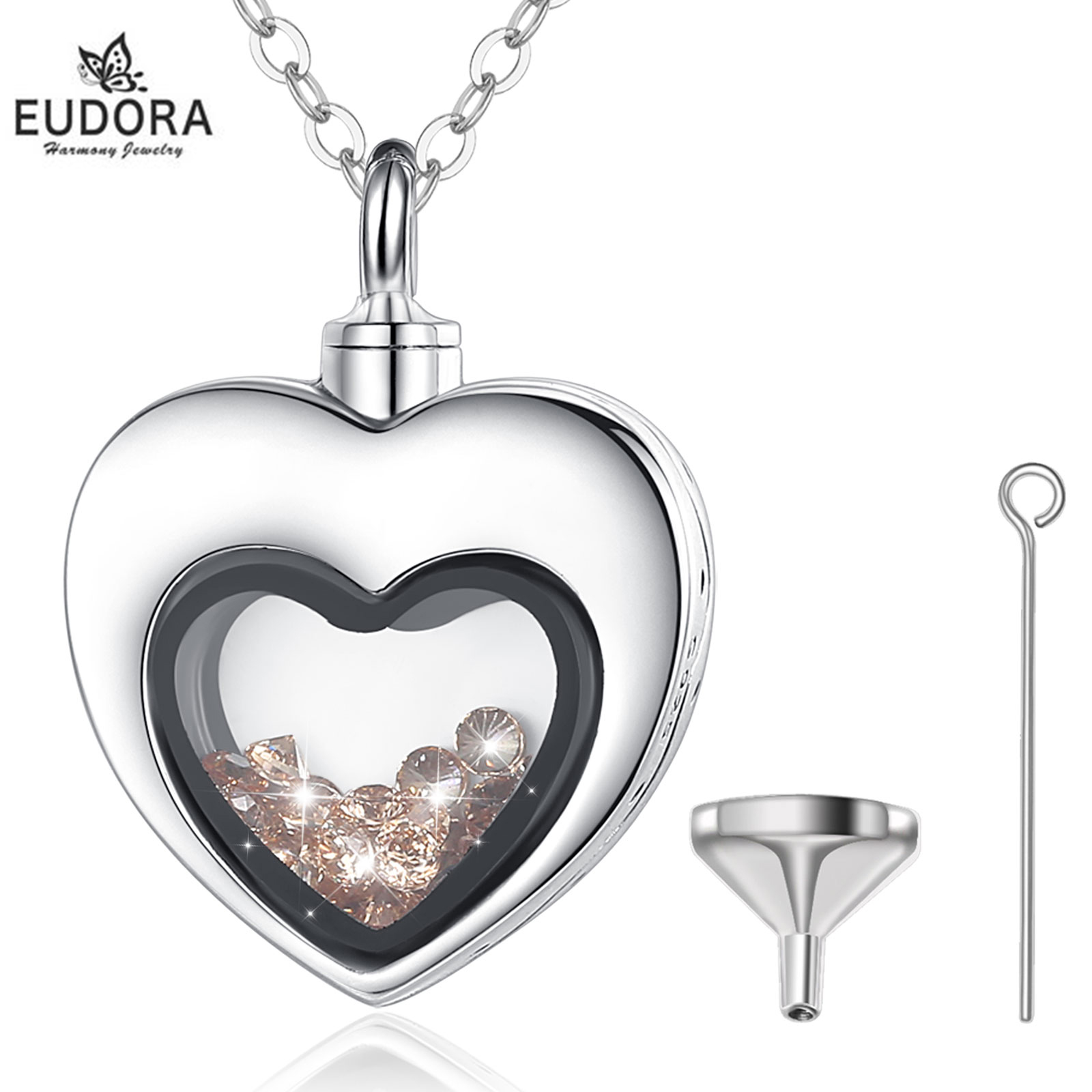 Heart Locket Necklace Photo - Eudora-ペンダント付きネックレス,イヤリング,リング,クリスタル,誕生日プレゼント用,ハート型,11色,40