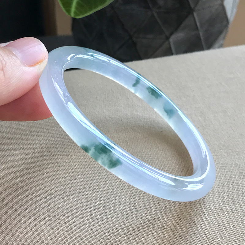 Bracelets - 古鉱山産ジェダイトブレスレット、丸型、氷のような質感、模様、緑の花、接着剤のような仕上げ、光沢あり、細い棒状、小さなリング
