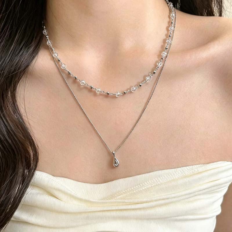 Layered Pendant Necklace Aesthetic - 新しいファッション水滴ペンダント二層透明クリスタルチョーカーネックレス女性のための美的ネックジュエリーアクセサリー