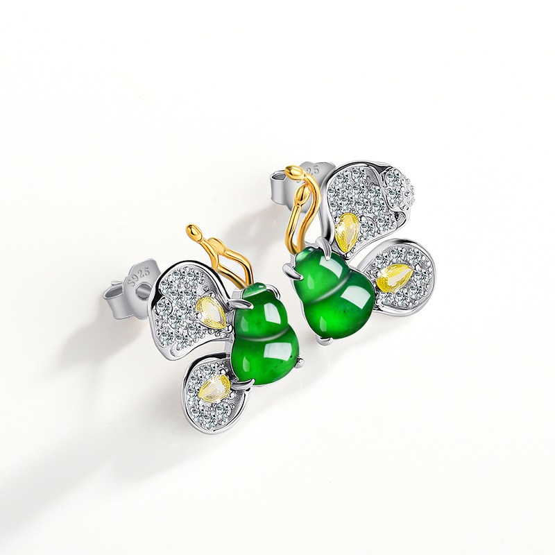 Earrings - グリーンビルマ翡翠蝶イヤリング女性へのデザイナーギフト天然ビルマ翡翠925シルバーチャームジュエリーお守り