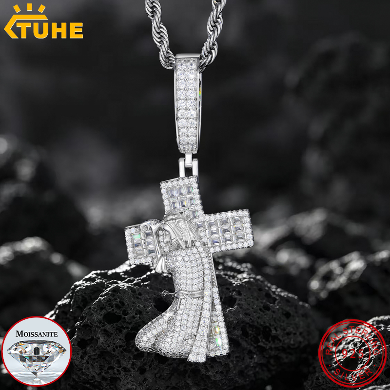 925 Sterling Silver Chain Necklace Men - TUHE 新型ジーザスクロス 925シルバーペンダント モアサナイト ヒップホップペンダント S925スターリングシルバー