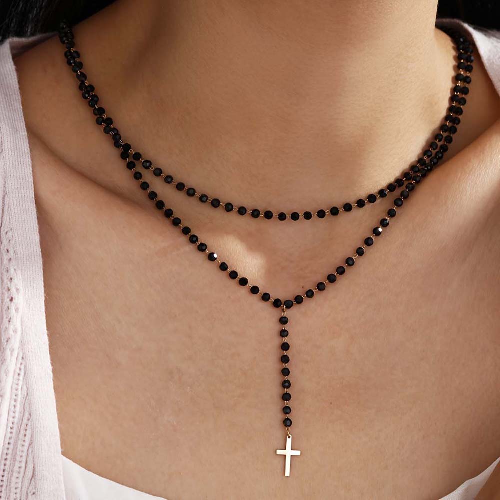 Layered Pendant Necklace Aesthetic - ゴシック二重層ブラッククリスタルビーズ Y ネックレス女性クロスペンダントロングチョーカートレンディクールグランジ美的宗教ジュエリー