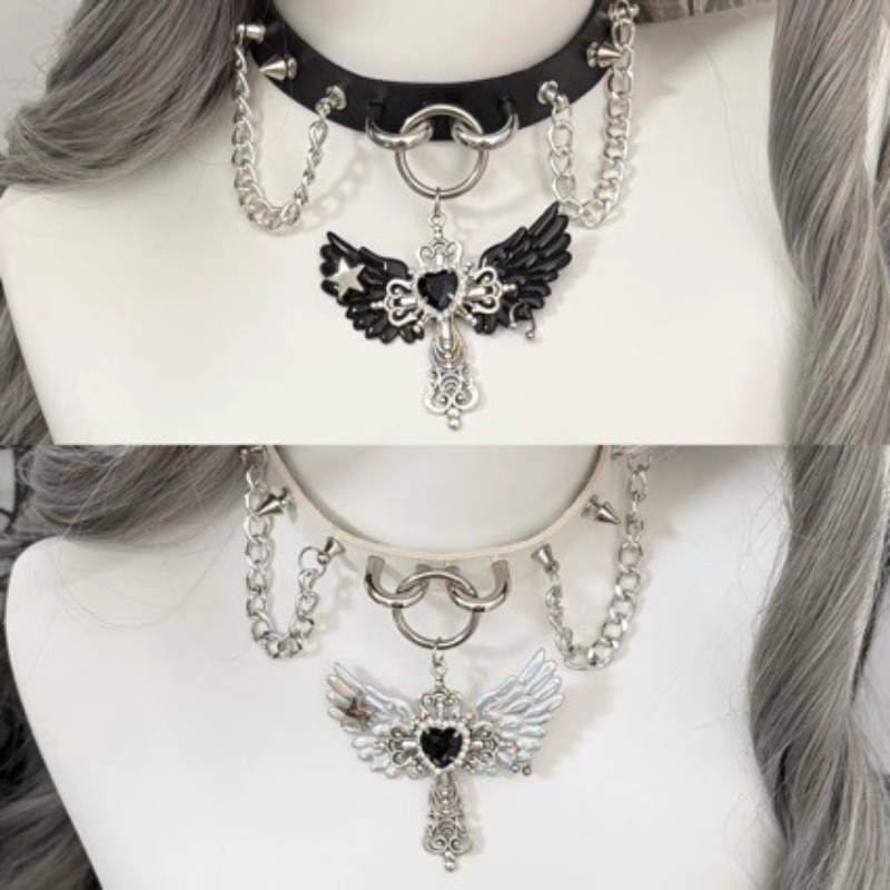 Layered Pendant Necklace Aesthetic - ゴシックサブカルチャー エンジェルウィングクロスペンダント セーターチェーン レディース Y2K ヴィンテージ