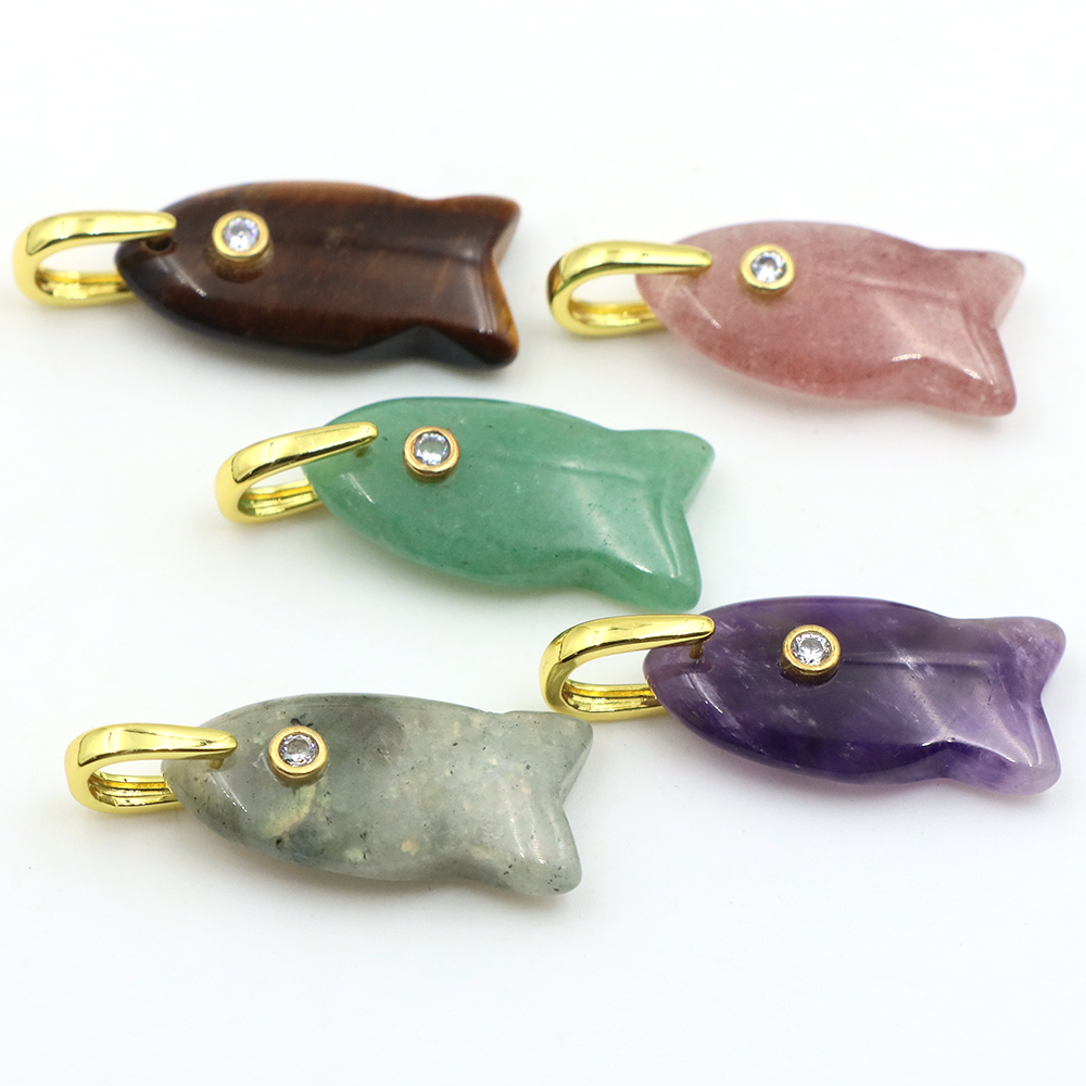 Crystal Pendant Necklace Natural Stone - 26mm 魚型天然石ペンダント ジルコンクリスタルチャーム付き DIYネックレス イヤリング ジュエリー製作