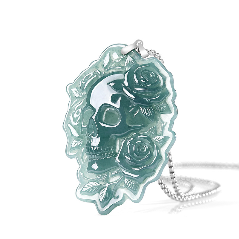 Necklaces - 天然ビルマ翡翠スカルペンダントネックレス ファッションヴィンテージ 925シルバー 本翡翠 デザイナーズラグジュアリージェムストーン 女性向けギフト