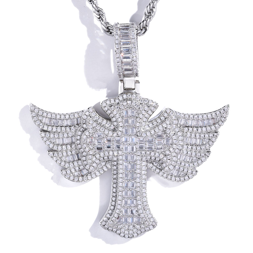 Cross Pendant Necklace Gold - 男性用ウィングエンジェルクロスペンダント,czネックレス,ヒップホップチャームジュエリー,フルダイヤモンド,K18金メッキ,チェーン付きパーティーギフト
