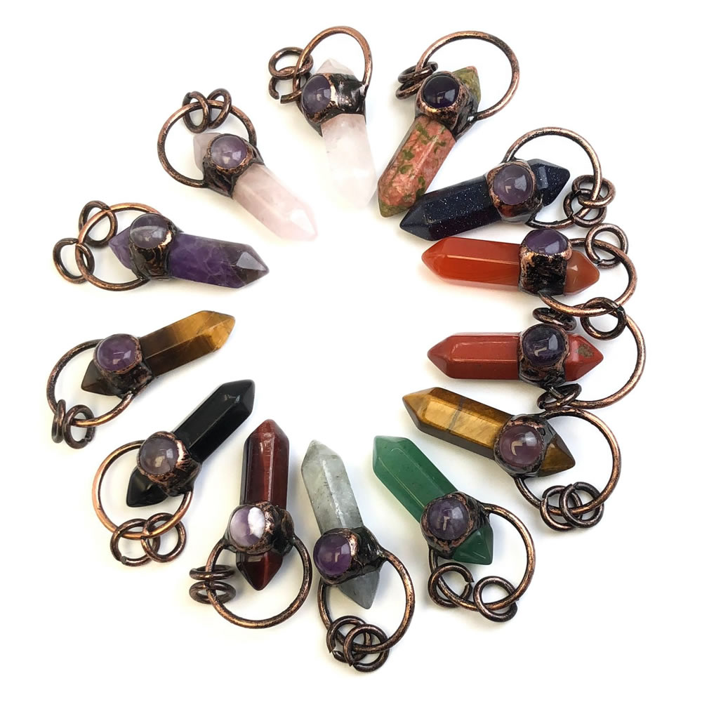 Crystal Pendant Necklace Natural Stone - 天然石クリスタルクォーツペンダント ネックレスチャーム用 古代銅製六角柱ペンダント DIYジュエリー製作アクセサリー