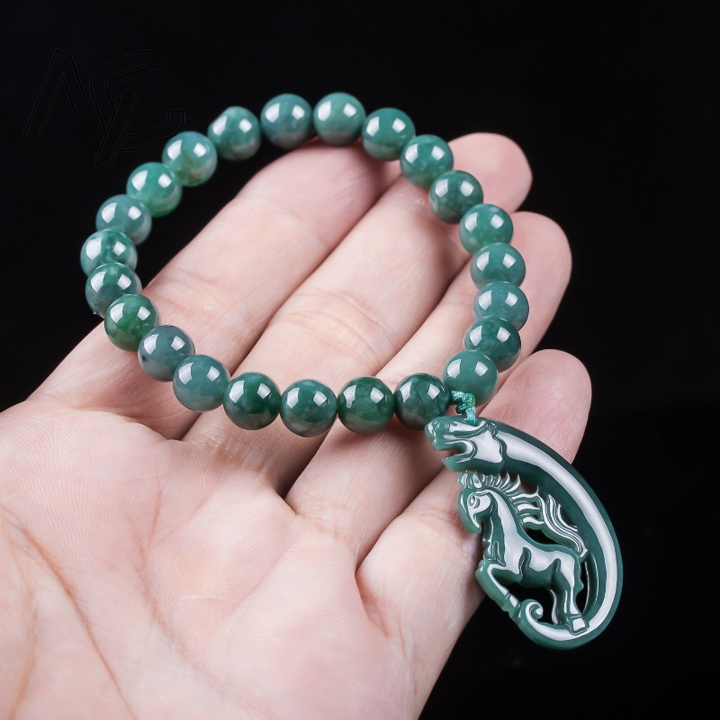 天然翡翠ブルーウォーター干支馬ビーズ手編みブレスレット高級ジ - Bracelets のレビューと価格