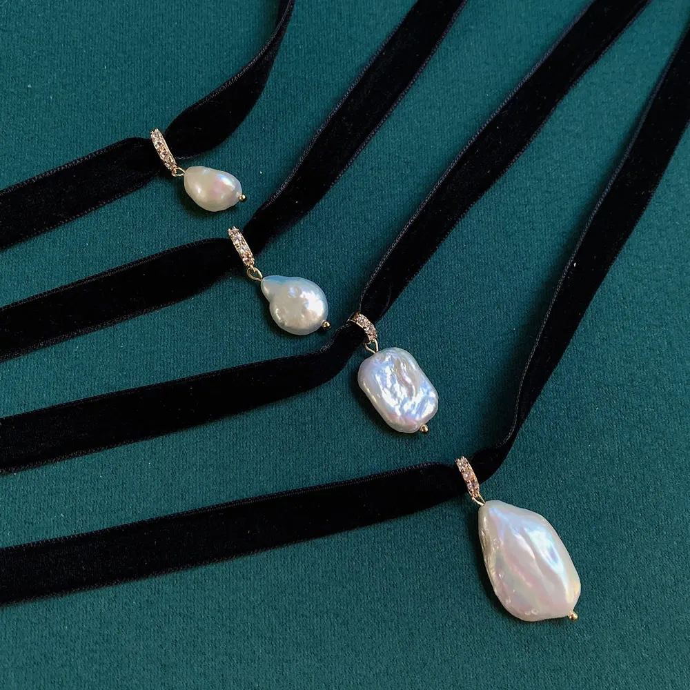 黒ベルベットリボンチョーカー不規則な水滴スクエアナチュラルバ - Pearl Choker Necklace Vintage のレビューと価格