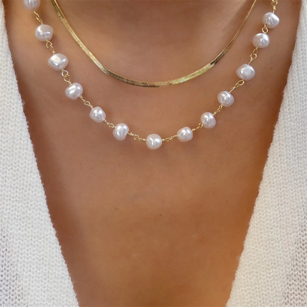 女性のためのマルチレイヤーネックレス,幾何学的ビーズ,非対称 - Pearl Choker Necklace Vintage のレビューと価格