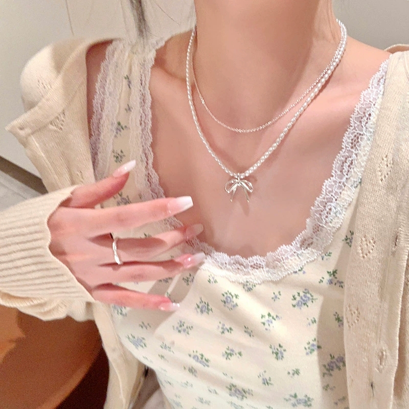 ファッションヴィンテージちょう結びペンダントパールビーズ二層 - Layered Pendant Necklace Aesthetic のレビューと価格