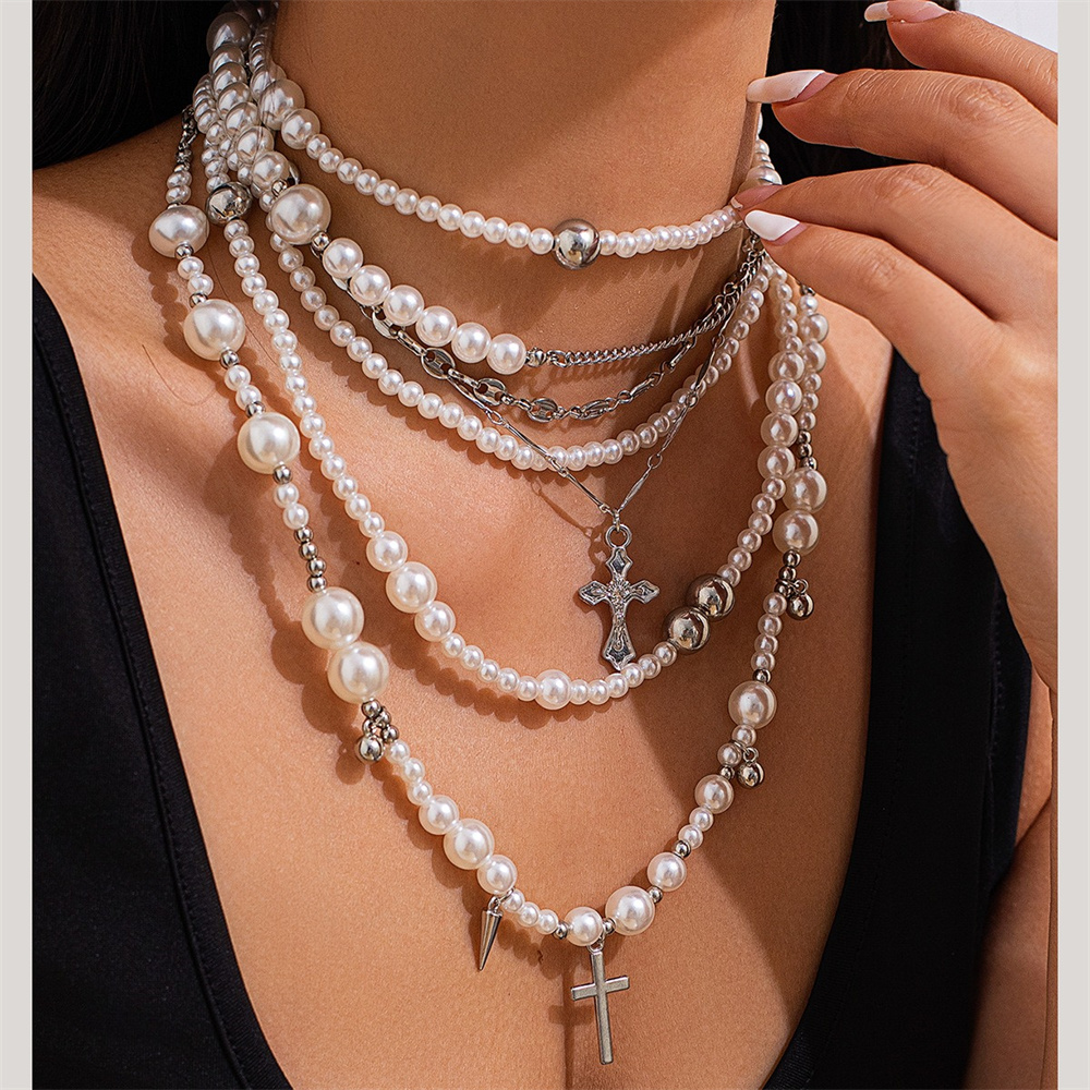 多層模造パールビーズチェーンネックレス女性のファッションクロ - Layered Pendant Necklace Aesthetic のレビューと価格