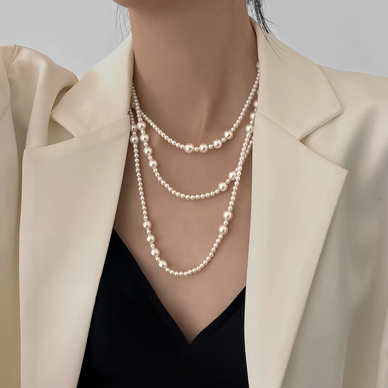 女性のための長い多層パールネックレス、気質のネックレスチェー - Pearl Choker Necklace Vintage のレビューと価格