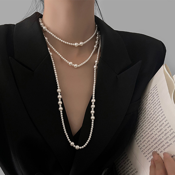 女性のための長い多層パールネックレス、気質のネックレスチェー - Pearl Choker Necklace Vintage のレビューと価格