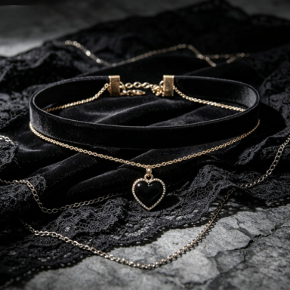 多層ブラックピーチハートペンダントチョーカー、ゴシックスタイ - Layered Pendant Necklace Aesthetic のレビューと価格